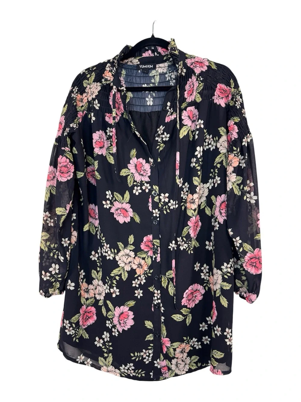 Yumi Kim Black Floral Ruffled Mini Dress Womens L Boho Casual Anthropologie